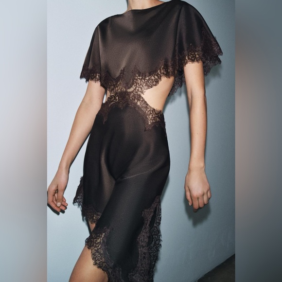 Zara NWT ZW Collection Brown Satin & Lace Cut Out Asymmetric Midi Dress (Large) - Picture 4 of 10